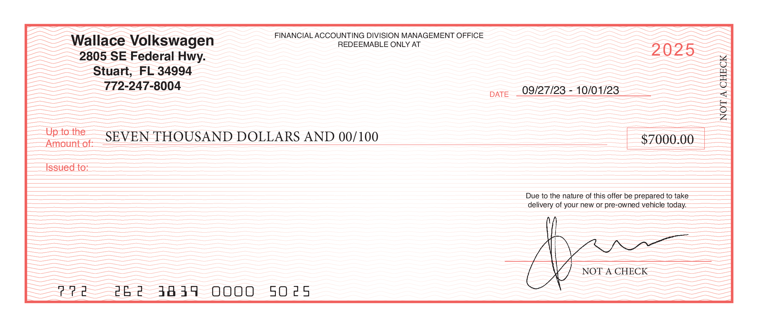 Redeemable at Wallace Volkswagen